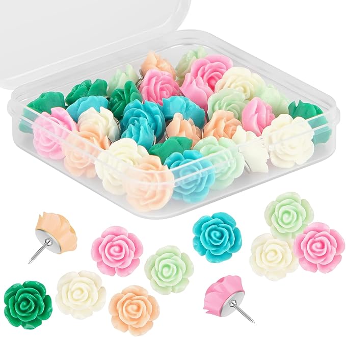 Push Pins for Cork Board - Cuttte 30pcs Decorative Push Pins with Case, Cute Thumb Tacks and Pushpins for Bulletin Board, 6 Colors Flower Pushpins