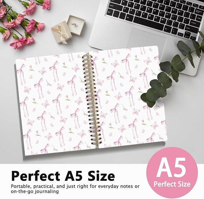 Pink Bow Floral Journal, Floral Botanical Notebook,Preppy Gifts for Women, Hardcover Spiral Notebook 80 Sheets -160 Pages 5.5x8.3 Inch
