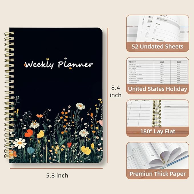 Weekly Planner Undated - 52 Weeks To Do List Notebook A5 for Work: Weekly Task, Habit Tracker Journal, Goal Setting, Agenda Sprial Bound Organizer Book Women Cute Stylish Design, Black Flower