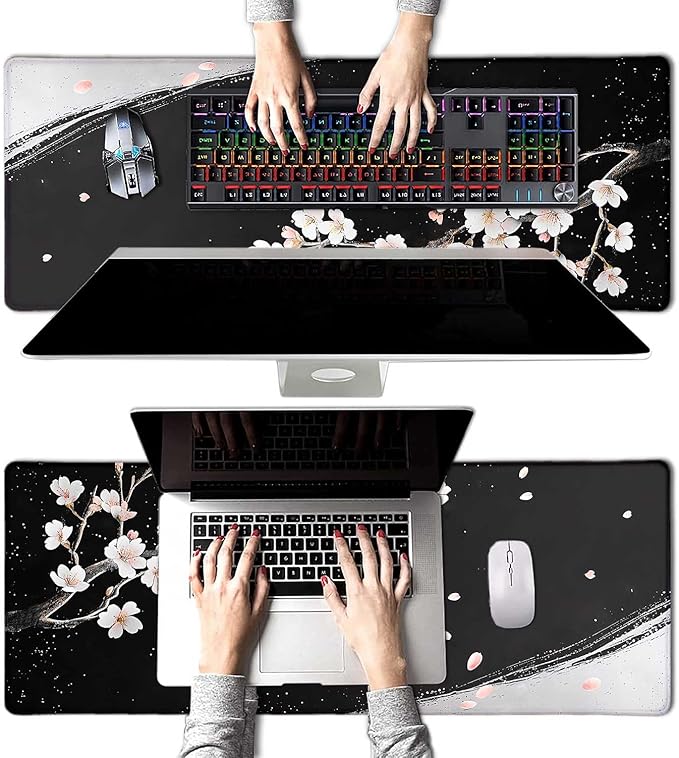 Black and White Japanese Cherry Blossom Large Mouse Pad, Desk Mat Computer Keyboard Pad Non-Slip Rubber Base Waterproof with Stitched Edges for Laptop Gaming, Office & Home 31.5 x 11.8 Inch