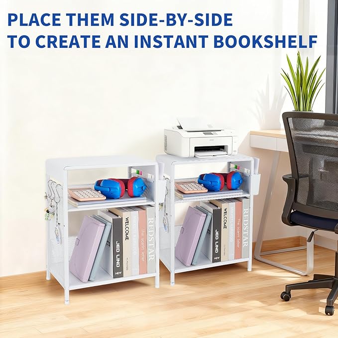 Small Under Desk Storage, White Printer Stand with Storage Shelf, 3-Tier Height Adjustable Printer Table with Basket & 3 Hooks for Home Office Fax Machine Scanner Files