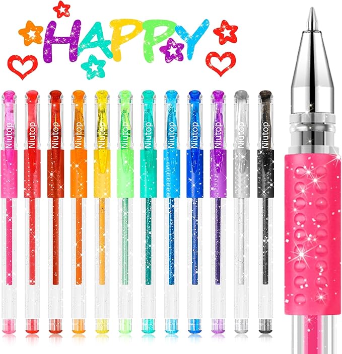 Niutop Coloured Pen Stocking Stuffers for Adult, 12-Color Scented Glitter Gel Pens,Coloring Markers Colored Pen Set, Drawing pens Joumaling Supplies Fun Stationary, Gel Roller Pens, Halloween Gifts