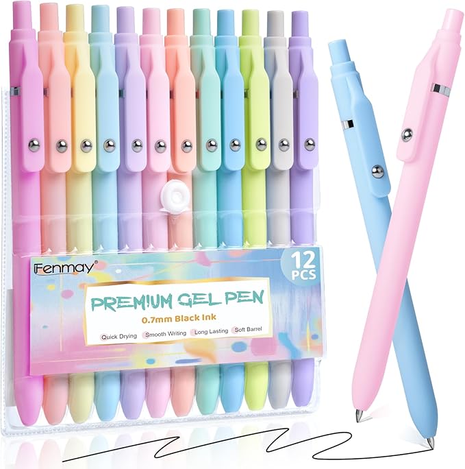 Gel Pens, 12 Pcs Black Ink Pens 0.7mm Medium Point| Quick Dry No Smudge, Smooth Writing, Retractable Cute Aesthetic Pens for Journaling Note Taking School Office Supplies