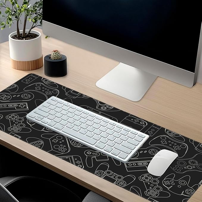 Video Game Controller Black Background Mouse Pads XXL Extended Mousepad with Stitched Edges Non-Slip Rubber Base Computer Keyboard Pad Desk Mat for Home Office Desk Decor, 35.4" X 15.7"
