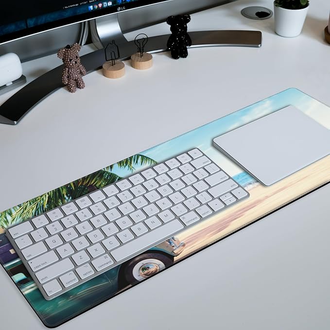 Large Mouse Pad Green Car with Luggage Extended Gaming Mousepad Summer Beach Desk Pad with Non-Slip Base and Stitched Edge Keyboard Pad 11.8 x 31.5 Inch Mouse Mat for Home Office Desk Decor