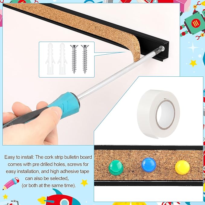 3 Pcs 36'' x 1" Cork Board Strips for Wall, Bulletin Bar, Tack Board With Aluminum Trim - Brown Cork Strips for Classroom, Office Walls, Cubicle
