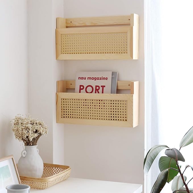 FIRADE Wood Magazine Wall Rack with PE Rattan Grid,Size 17.3" x 4" x 9.4",File Holder for Entryway,Living Room,Waiting Room,Kids’ Room,Office