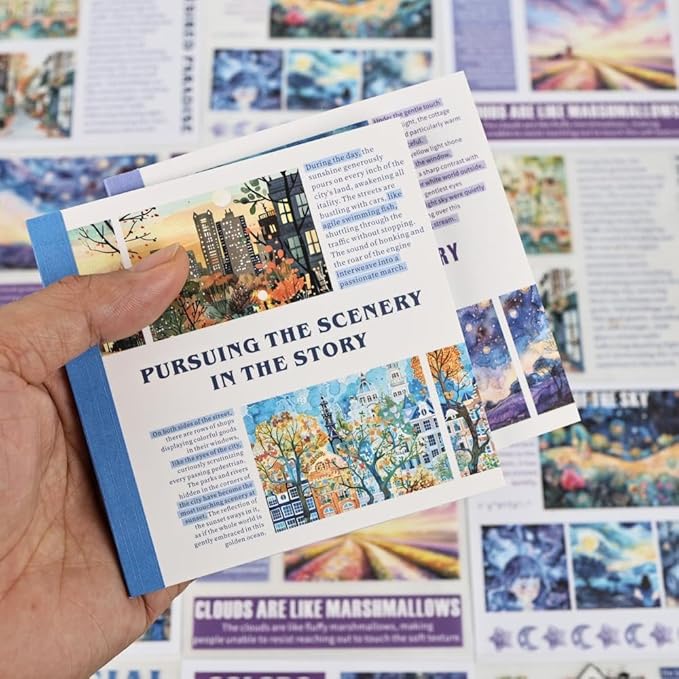 Dwpetzo 40 Sheets Pre-Cut PET Washi Sticker Books for Journaling, 2Pack Watercolor City and Night Sky Themes, Scrap Book Stickers for Scrapbooking, Junk Journal Supplies, Aesthetic Collage