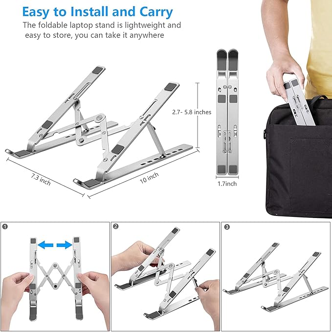 Laptop Stand for Desk, Ergonomic Design Adjustable Aluminum Foldable Portable Computer Stand, Compatible with MacBook Air Pro, HP, Lenovo, Dell, More 10-15.6”Inch and Tablets (Silver)