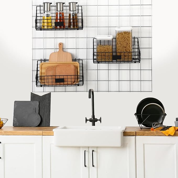 Blulu 4 Pcs Wire Wall Basket, Black Metal Grid Basket with Hooks Wall Hanging Storage Accessory for Vendor Trade Shows Kitchen Bathroom Pantry Supplies(11 x 6 x 5 Inch)