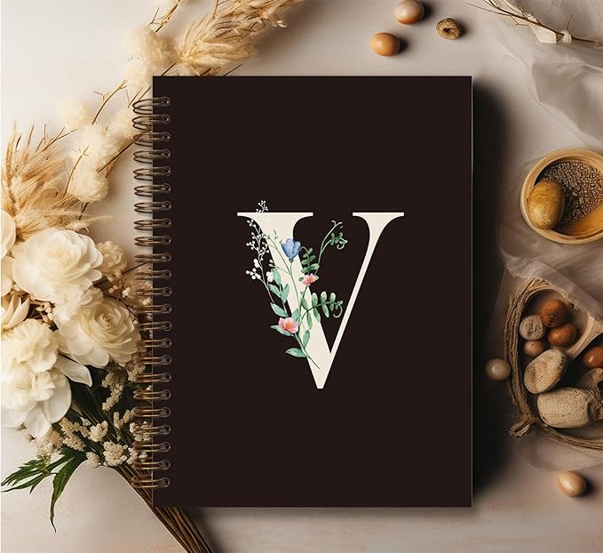 Trendy Personalized Journal Hardcover Spiral Notebook,Black Initial Letter V Notebook,Monogrammed Gifts for Women Teen Girl,College Ruled Hardcover Spiral Notebook 5.5 x 8.3
