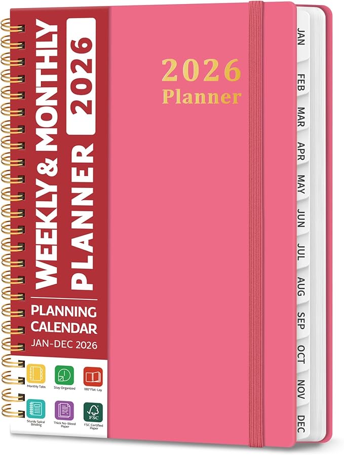 2026 Planner, Weekly and Monthly Calendar Planner, January 2026 - December 2026, Hardcover 2026 Calendar Book with Tabs For Women & Men, Inner Pocket, Spiral Bound, Perfect for Office Home School Supplies - A5 (6.3" x 8.5"), Peach Pink
