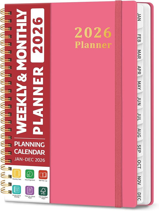 2026 Planner, Weekly and Monthly Calendar Planner, January 2026 - December 2026, Hardcover 2026 Calendar Book with Tabs For Women & Men, Inner Pocket, Spiral Bound, Perfect for Office Home School Supplies - A5 (6.3" x 8.5"), Peach Pink