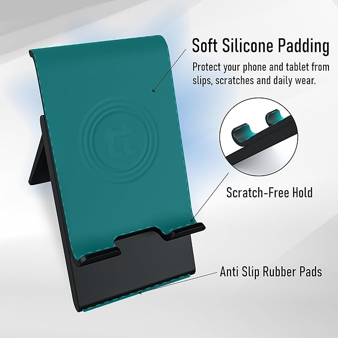 Tablet Stand, Adjustable Height, Phone Stand, Tablet Stand for Desk, Devices up to 12", Charging Slot, Foldable, Silicone Padding, Compatible with iPad/iPhone, Fits Tablets and Phones
