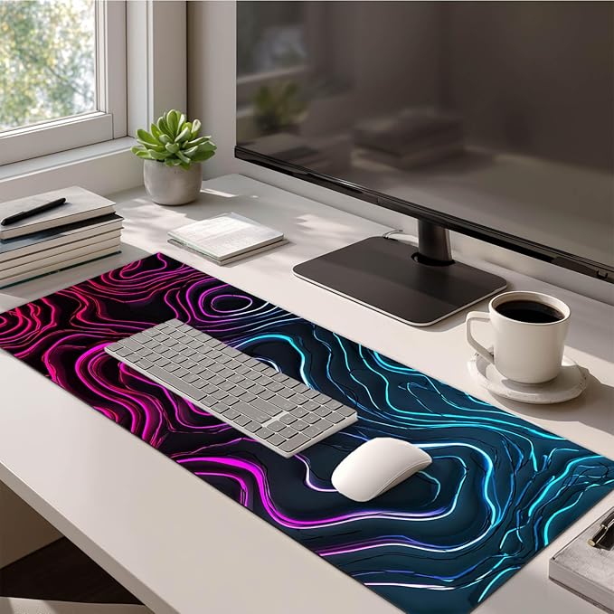 Large Mouse Pad Gaming Mousepad 31.5 x 11.8 Inch Keyboard Desktop Mat Diatomite XL Mouse Pad for Home and Office Desk Accessories with Neon Abstract Wave Pattern Artwork Diatomite