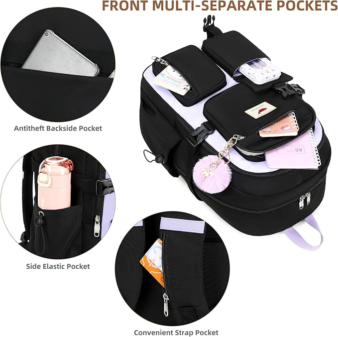 Laptop Backpack 15.6 Inch Kids Elementary Middle High School Bag College Backpacks Anti Theft Travel Back Pack Large Bookbags for Teens Girls Women Students (Black Purple)