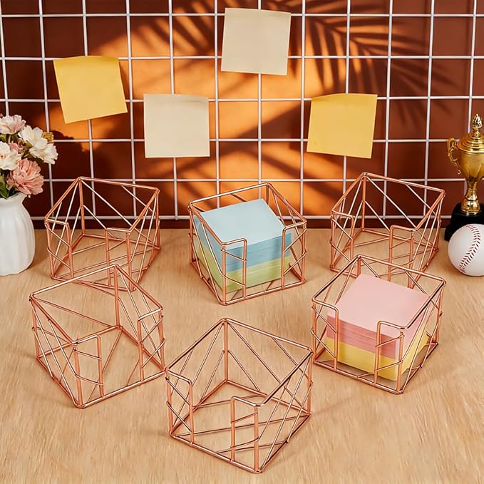 6 Pcs Sticky Note Holder, 4x4x3.15Inch Memo Note Cube Holder Mesh Desk Organizer for Notepads Pens Home Office Desk Supplies (Rose Gold)