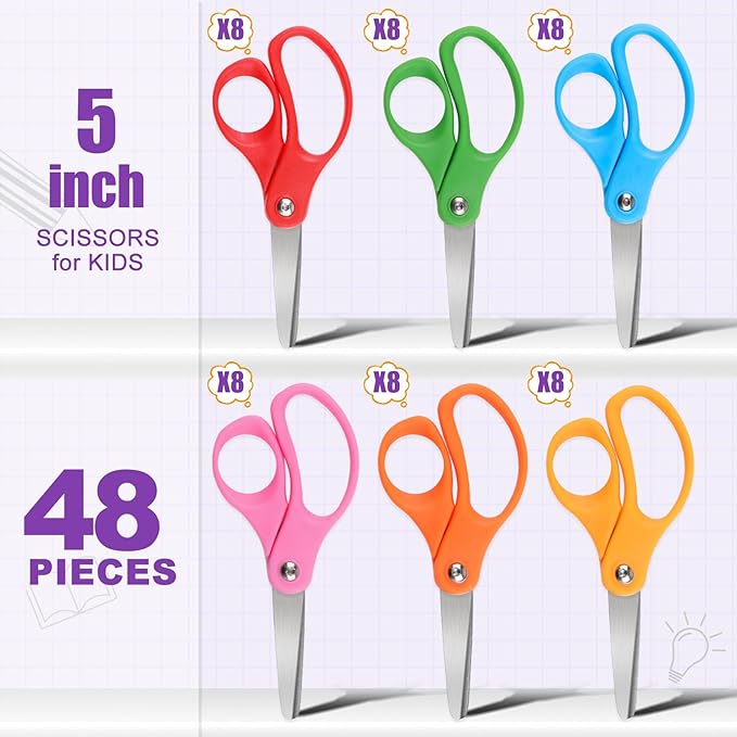 48 Packs 5" Small School Student Blunt Tip Craft Kids Scissors, Stainless Steel Blades Comfort Grip 5 Inch Safety Scissors Bulk for Children Toodler Cutting Paper