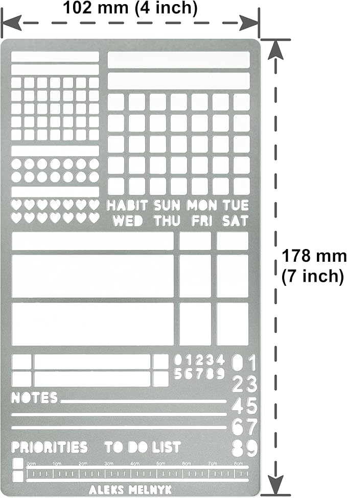 Aleks Melnyk No.486 Metal Stencils for Bullet Journaling, Bookmark, Planning, Lines, Planner, Habit Tracker, Dot Journals Stencil for Diary, Templates, Tiny Letters, Small Number