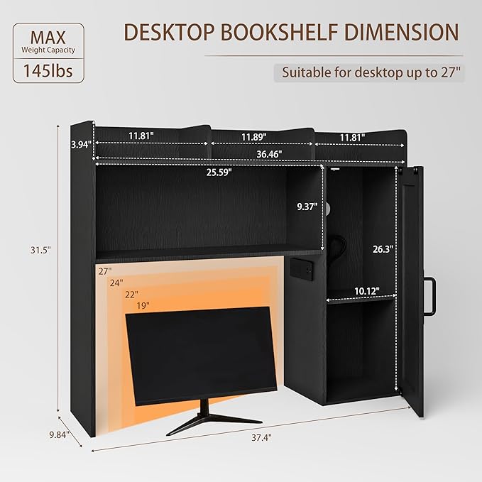 Desktop Bookshelf, Wooden Desk Hutch with LED Lights, Desktop Shelf with 6 Shelves and Power Outlets, Office Desk Organizer, Over Desk Storage Shelves for Dorm, Home, Black