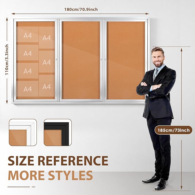 SWANCROWN Enclosed Bulletin Board 70x43in, Outdoor Bulletin Board Weatherproof for Office School Commerce, Cork, Sliver Aluminum Frame