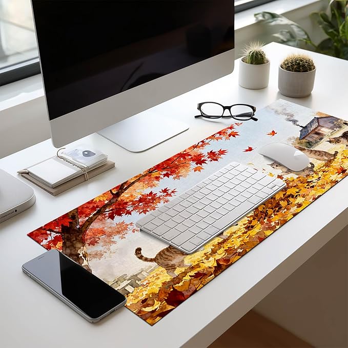 Cat XL Mouse Pad 31.5 x 11.8 Inch Gaming Mousepad Diatomite Large Keyboard Mouse Pad for Home and Office Desk Accessories with Autumn Leaves Kittens Illustration Featuring Stable Base