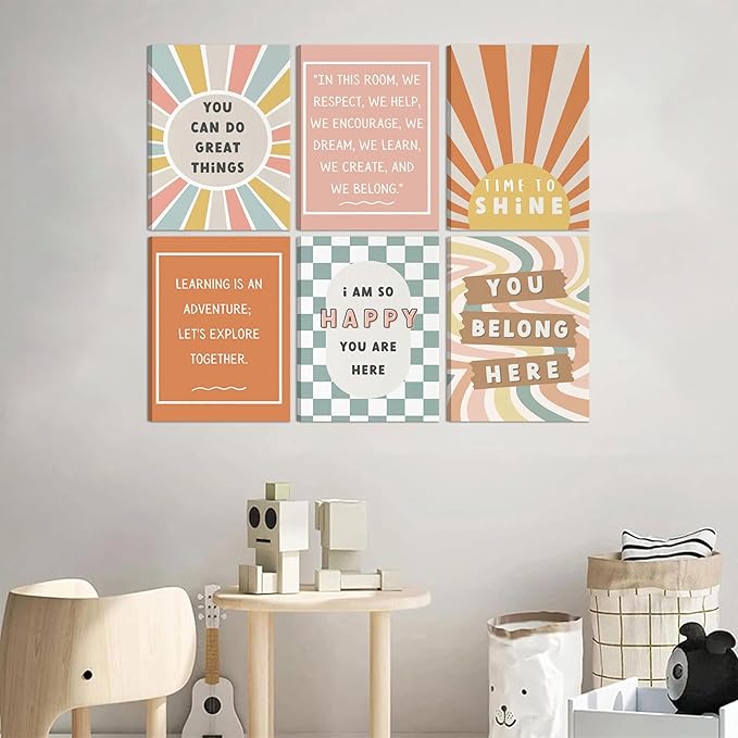 6Pcs Boho Inspirational Canvas Wall Art Positive Affirmations Growth Mindset Posters Wall Decor Pictures Modern Classroom School Posters Wall Prints for Children's Room nursery School 8x10in