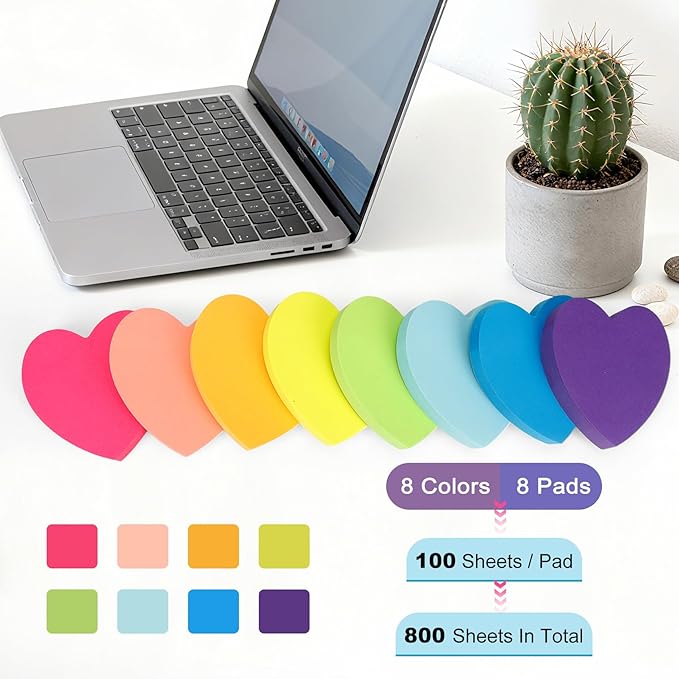Heart Sticky Notes 800 Sheets 3x3 inch Self-Stick Note Pads for Notebook Office School Teacher Supplies Desk Accessories Valentines Day Gifts Galentines Day Decorations 100 Sheets/pad 8 Pads