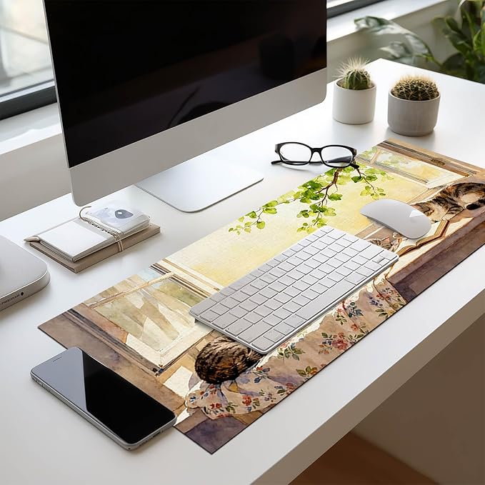 Cat XL Mouse Pad 31.5 x 11.8 Inch Gaming Mousepad Diatomite Large Keyboard Mouse Pad for Home and Office Desk Accessories with Peaceful Sunlit Window Cats Illustration