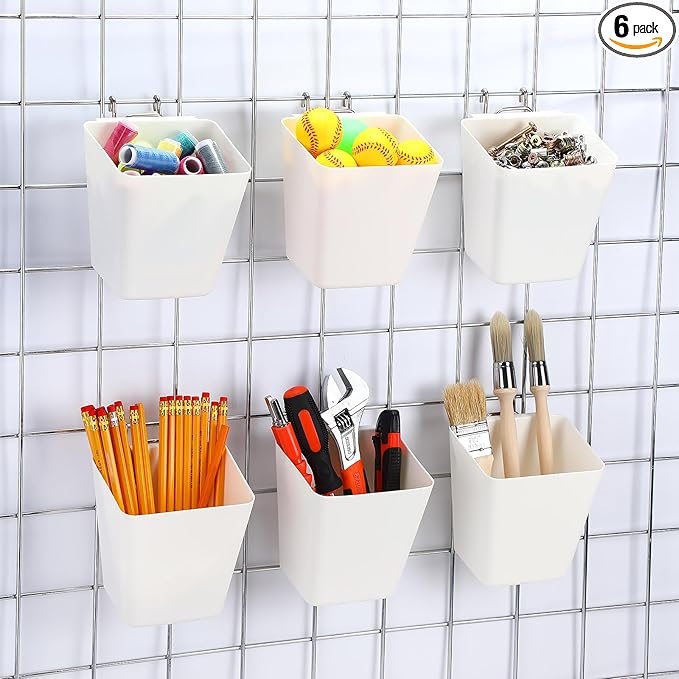 6 Pack Large Gridwall Cups Gridwall Storage Bin with Hooks Hanging Baskets Square Box Shape Hanging Cup Holder Gridwall Accessories for Garage Workbench Office Playroom Home Kitchen(White)