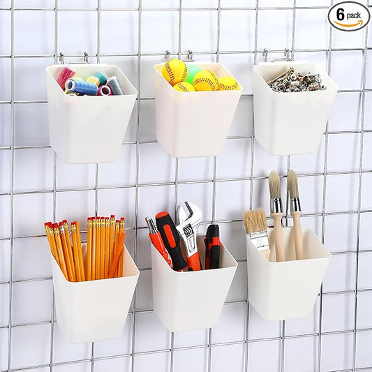 6 Pack Large Gridwall Cups Gridwall Storage Bin with Hooks Hanging Baskets Square Box Shape Hanging Cup Holder Gridwall Accessories for Garage Workbench Office Playroom Home Kitchen(White)