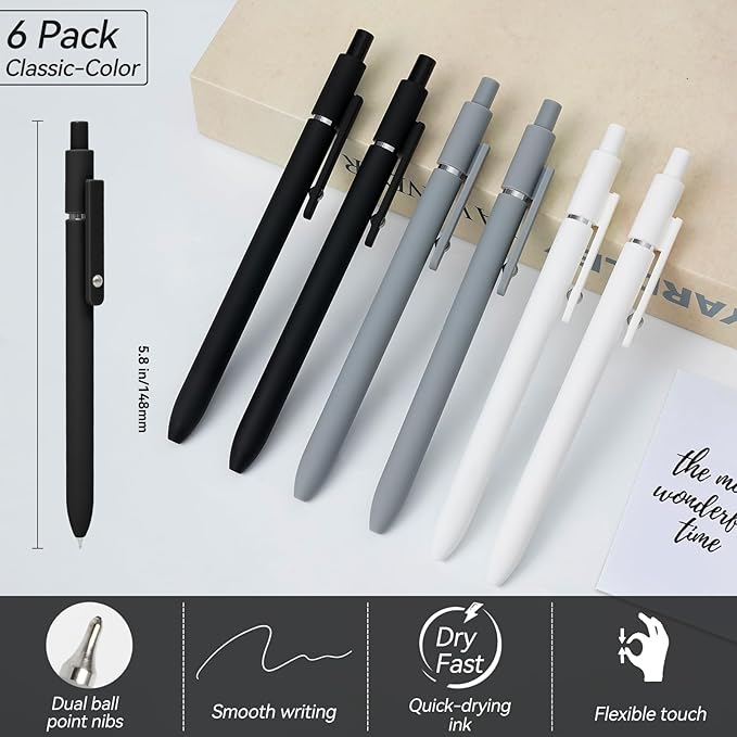 Gel Pens, 6 Pcs 0.5mm Quick Dry Black Ink Pens With Smooth Writing, Office Desk Accessories, School Supplies Gifts for Men Women (Black Gray White)