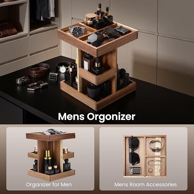 EXIN DECHEN Cologne Organizer for Men,Cologne Stand,3 Tier Wooden Perfume Shelf with Rotate,Desk Organizer,Gifts for Dad From Wife,Husband Boyfriend Birthday Gift Ideas,Gifts for Men