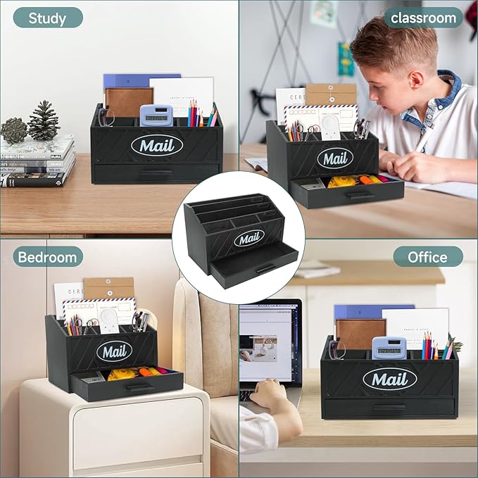 Wood Desktop Mail Organizer, Mail Organizer Countertop with 6 Compartments and Drawer, Wood Mail Holder Office Accessories for File Letter Paper Folder, Black