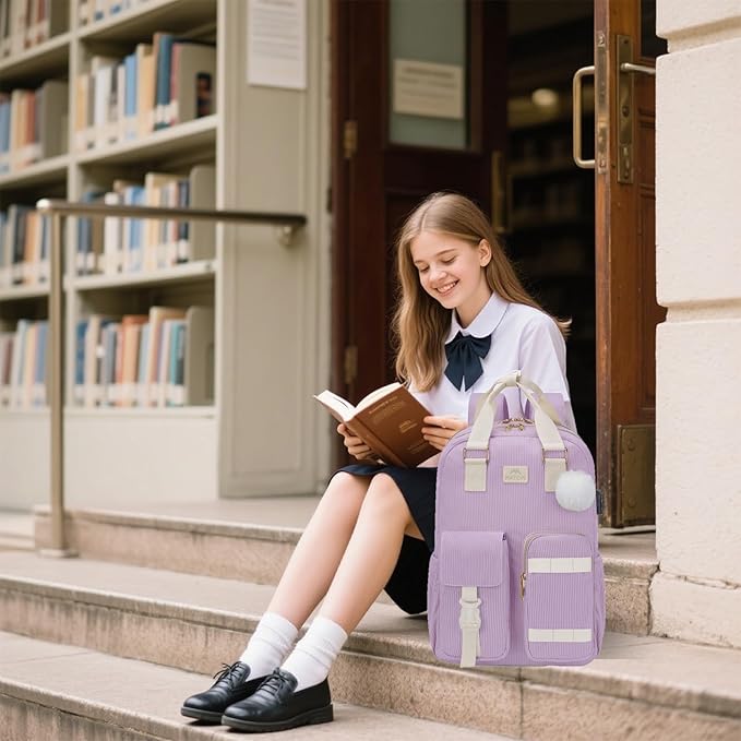 MATEIN Cute School Backpack for Teens Girls, 15.6 Inch Kawaii College Backpack Corduroy Computer Bookbag with USB Charging Port, TSA Lightweight Laptop Back Pack Aesthetic Preppy Kids Students, Purple