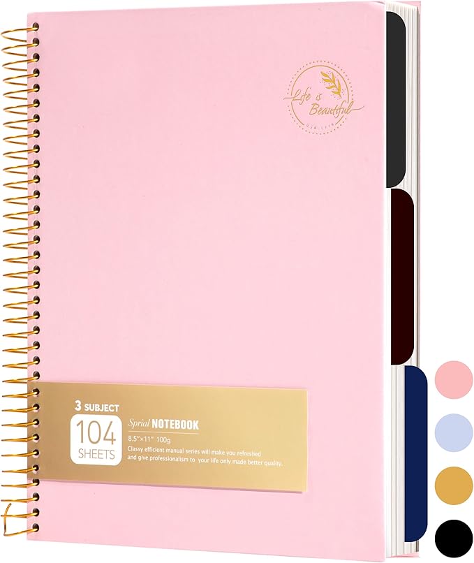 FLYING EAGLE 3 Subject Notebook Large Spiral Notebook 8.5 X 11, Pink Notebook for Women Men, 100 GSM Thick Paper 104 Sheets, Hardcover Notebook for Work, School, Writing, Note Taking Pink