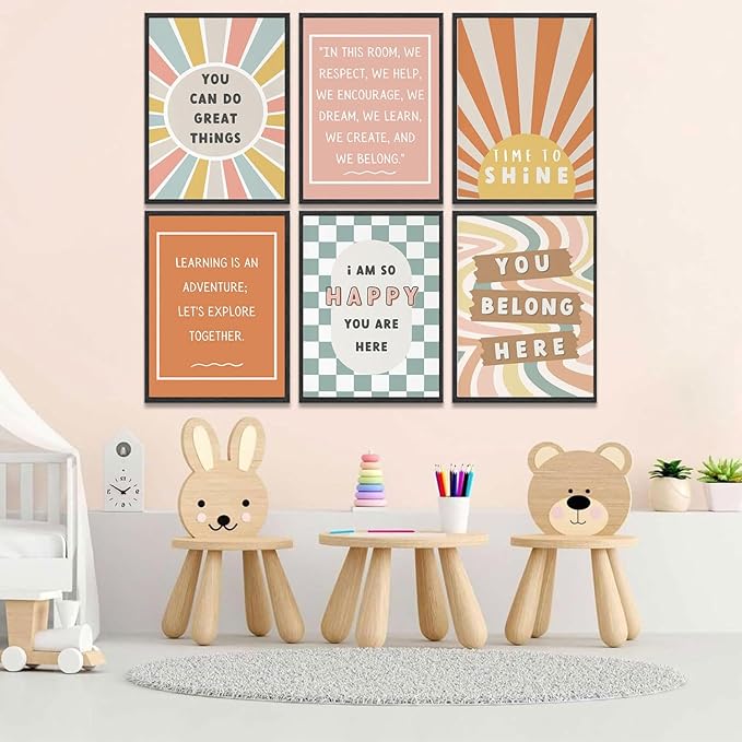 6Pcs Boho Inspirational Posters Wall Art Positive Affirmations Growth Mindset Canvas Wall Decor Pictures Modern Classroom School Posters Wall Prints for Children's Room nursery School 12x16in Unframed