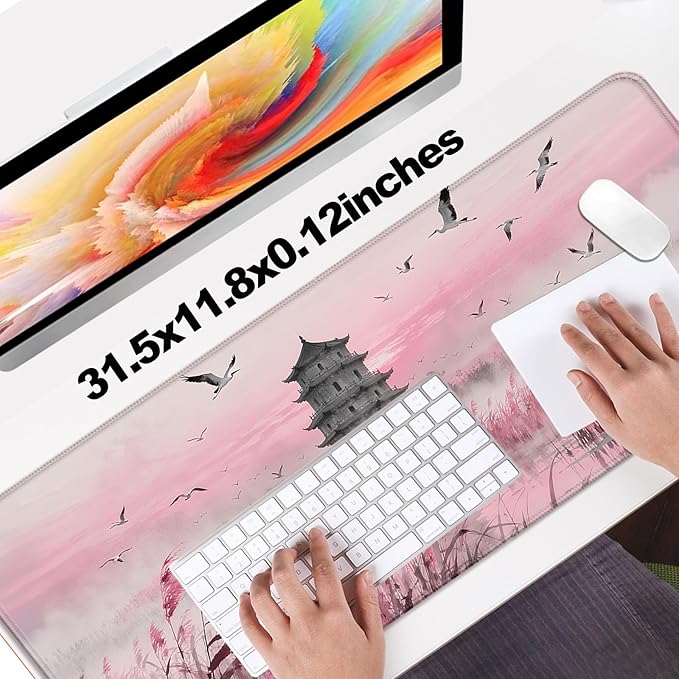 Fantasy Pink Tower and Egret XL Large Desk Mat, Extended Long Desk Pad for Gaming and Office, Non-Slip Rubber Base, Comfortable Surface Mouse Pad, 31.5x11.8 in (H23)