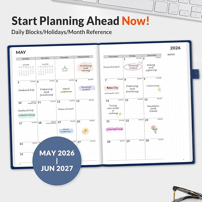 SUNEE 2026-2027 Weekly & Monthly Hardcover Planner 5.5" x 8.3" - 12 Month (July 2026 - June 2027), Small Academic Year Calendar Planner, Pocket, Notes, 100 GSM Paper, Deep Blue