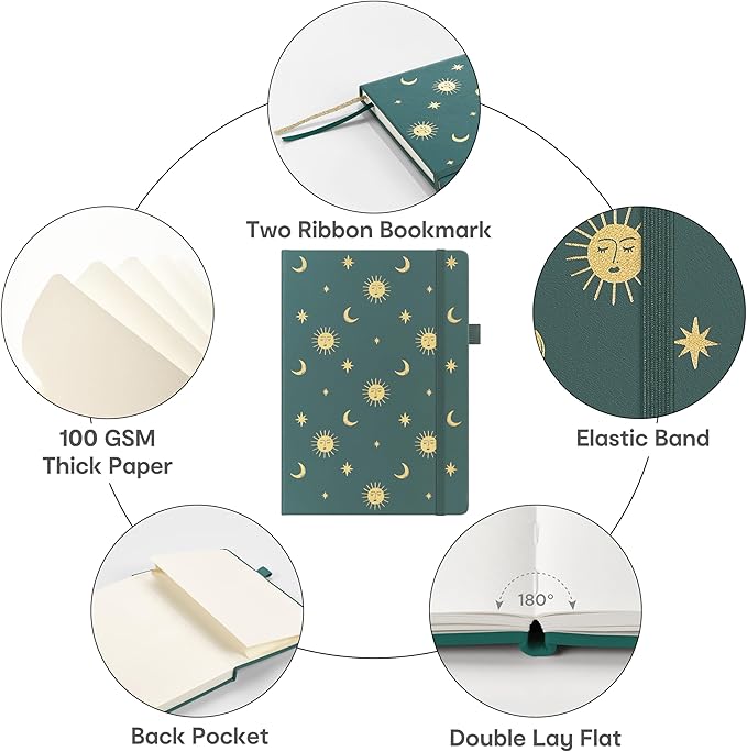 &And Per Se Dotted Journal Notebook, A5 Hardcover Bullet Dotted Journal, 160 Pages 100 gsm Thick Paper, 3 Sheets of Stickers Included - 5.7'' x 8'' (Celestial Green)