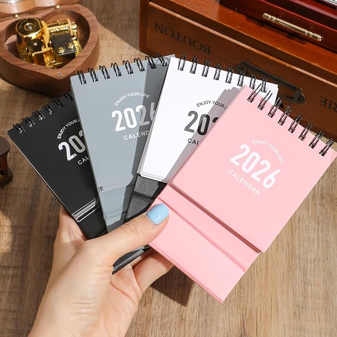 Mini Desk Calendar 2026-2027 - Use January 2026 to June 2027 Small Desktop Calendar Mini Daily Schedule Thick Paper Twin-Wire Binding with Stickers for Home Office School (Mini Pink)
