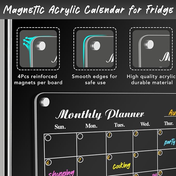 DIYMAG Magnetic Calendar for Refrigerator 3 PCS Dry Erase Whiteboard 15.2"x11.2" Magnet Fridge Monthly Weekly Daily White Board Planning Acrylic Clear Apartment Decor Meal Planner with 6 Colors Markers