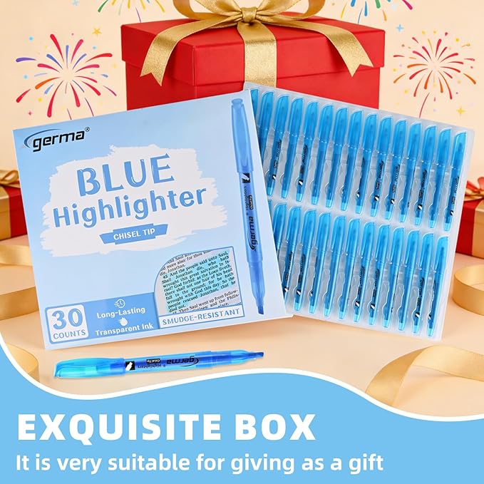 Blue Highlighters 30 Pack, Chisel Tip Highlighter Bright Color, Dry Quickly, Smudge Proof Perfect for Students Adults Studying, Organizing, Coloring, Highlighting in Classroom, School, Office