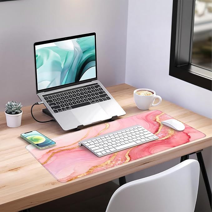 Extended Gaming Mouse Pad Large Desk Mat Anti-Slip Rubber Base & Durable Stitched Edges for Gamers Smooth Mouse Writing Surface for Desk Office/Home (Pink and Gold Stripes, 35.4x15.7Inch)