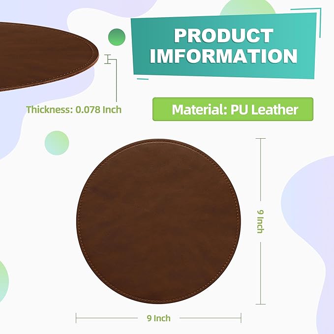 PU Leather Mouse Pad with Stitched Edge, Micro-Fiber Base, Non-Slip Waterproof for Computers, Laptop - Round 9 x 9 Inch (Dark Caramel Brown)