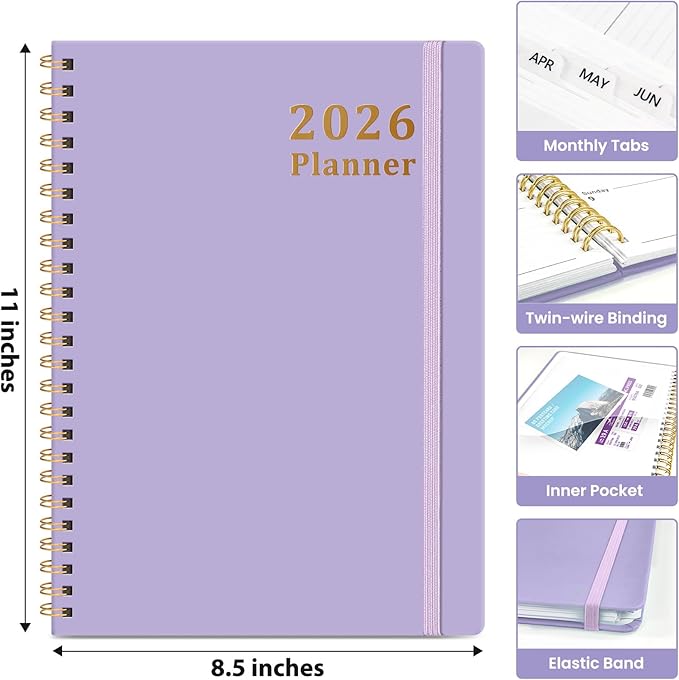 2026 Planner, Weekly and Monthly Calendar Planner, January 2026 - December 2026, Hardcover 2026 Calendar Book with Tabs For Women & Men, Inner Pocket, Spiral Bound, Perfect for Office Home School Supplies - A4 (8.5" x 11"), Purple