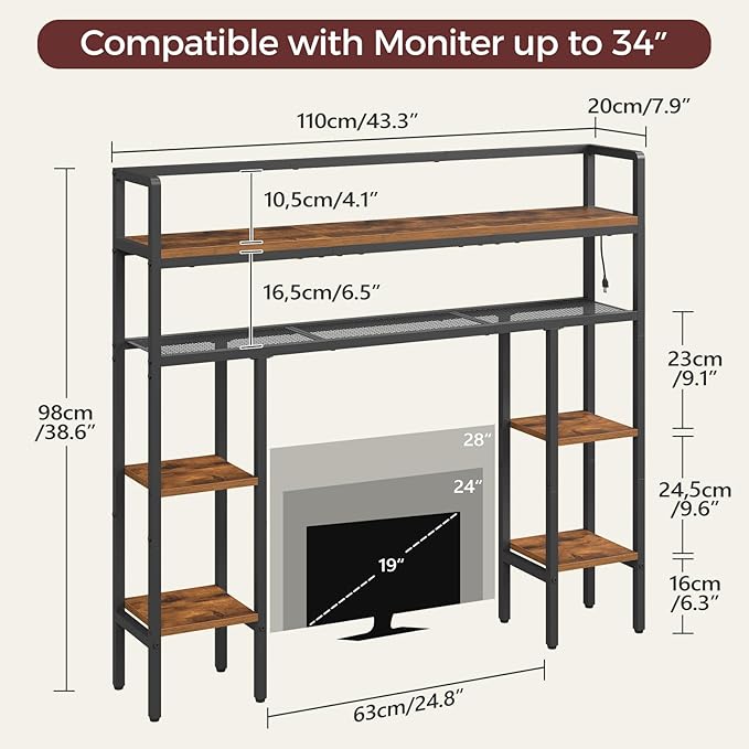 Desktop Shelf with LED Light Strip, Desktop Hutch with Adjustable Feet and Anti-Tip Kit, Storage Shelf with Particleboard Shelves and Wire Mesh, for Study, Home Office, Rustic Brown DSHR9801