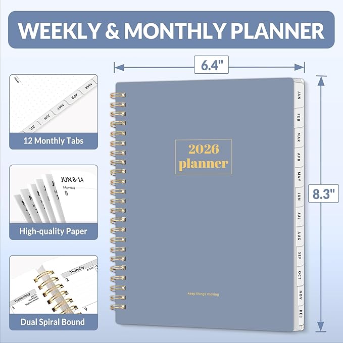 SUNEE 2026 Planner, Weekly and Monthly Calendar Planner, January 2026-December 2026, Daily Agenda with Tabs, Note Pages, Spiral Binding, 6.4"x8.3", Gray Blue (Pack of 2)