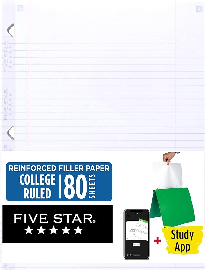 Five Star Loose Leaf Paper + Study App, College Ruled Filler Notebook Paper, Reinforced, Fights Ink Bleed, 8-1/2" x 11", 80 Sheets (170102)