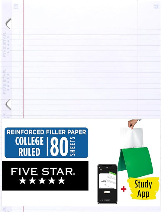 Five Star Loose Leaf Paper + Study App, College Ruled Filler Notebook Paper, Reinforced, Fights Ink Bleed, 8-1/2" x 11", 80 Sheets (170102)